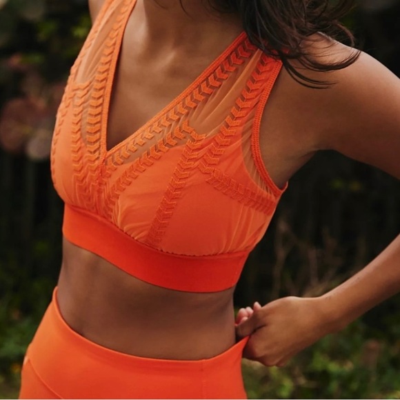 Free People movement Orange V-Neck sports Bra, Lace,Textured,Lined, Small,New - Picture 2 of 9